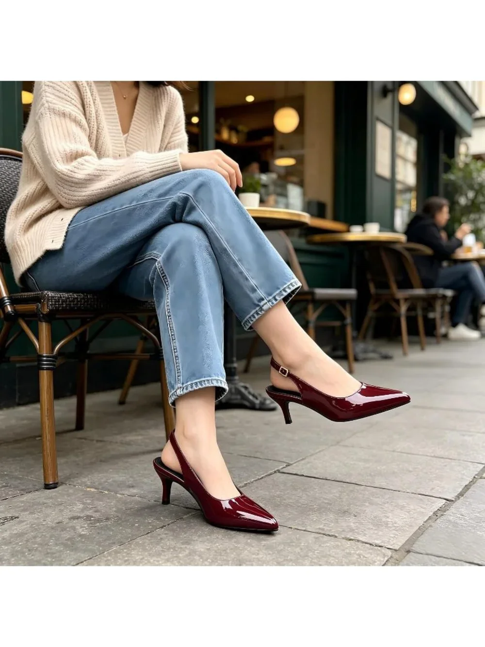 Women's Wine Red Patent Slingback Pump Pointed Closed Toe Low Kitten Heel Shoes